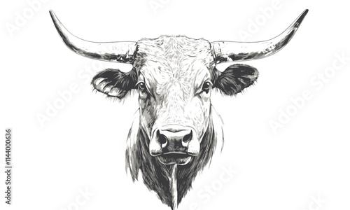Cow with horns is shown in a black and white drawing