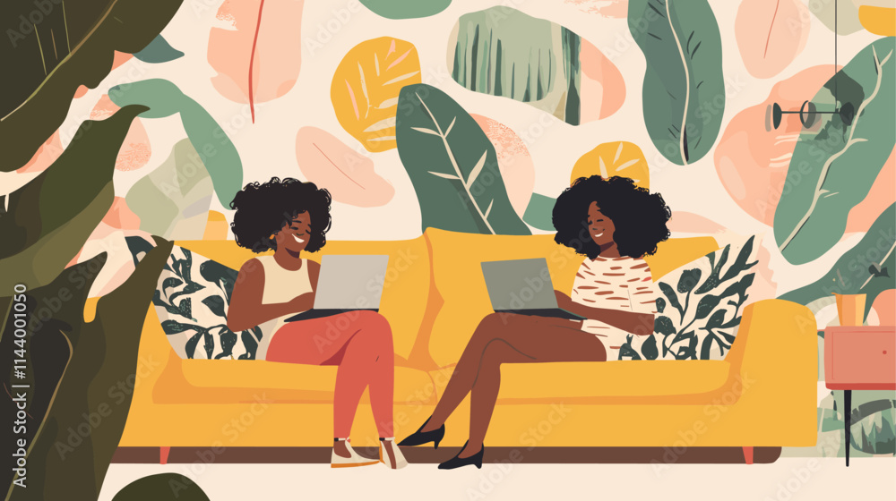 Fototapeta premium Two women sitting on a couch with laptops