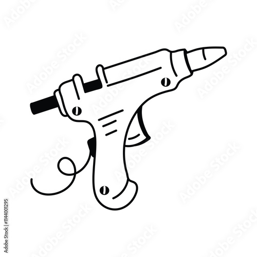 A stylized, black and white line drawing of a glue gun