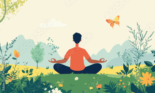 Man is sitting in a field with a butterfly flying in the background