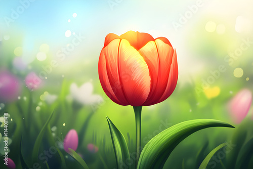 Vibrant red tulip in sunny spring meadow soft blurry background #1144001418