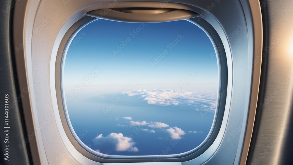 Window View From Passenger Seat On Commercial Airplane Beautiful view from the window of airplane to blue sky Window View From Passenger Seat On Commercial Airplane Beautiful view from the window of airplane to blue sky
