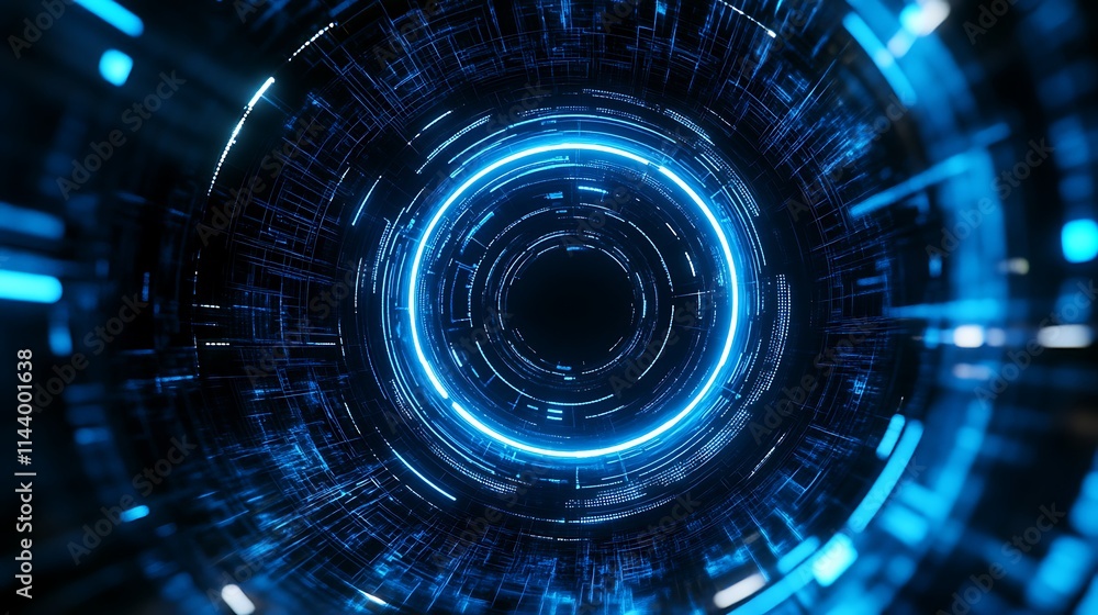 Abstract Futuristic Light Tunnel with Blue Glowing Lines and Dark Central Black Space Abstract Futuristic Light Tunnel with Blue Glowing Lines and Dark Central Black Space