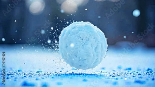 Snowball thrown, snowball fighting outdoor forest, macro. AI-generated