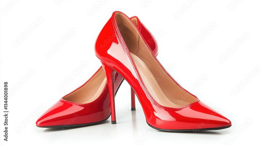 Pair of glossy red high-heeled shoes with pointed toes and stiletto heels positioned side by side on white background Pair of glossy red high-heeled shoes with pointed toes and stiletto heels positioned side by side on white background