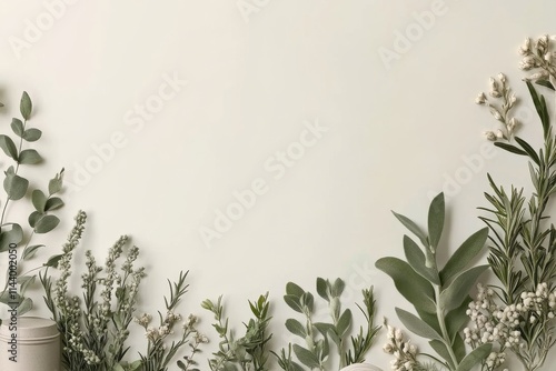 Arrangement of various green plants along a neutral backdrop for a serene home decor atmosphere photo