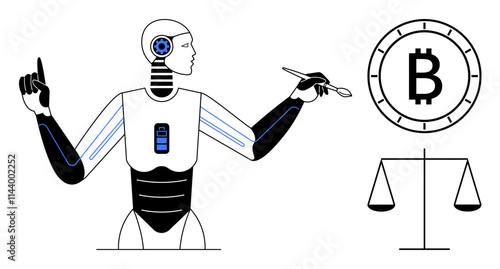 Futuristic robot with gears and battery icon holding a stylus near Bitcoin symbol and scale. Ideal for AI, finance, cryptocurrency, technology, innovation, digital transformation, automation themes