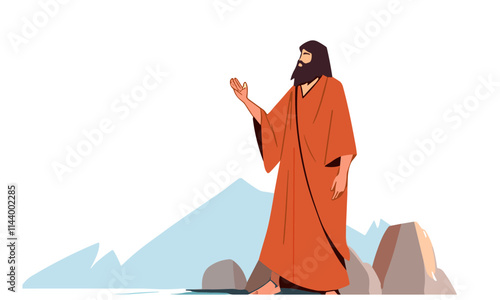 Man in an orange robe is standing on a rocky hill