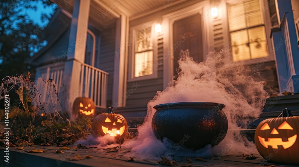 Halloween porch with carved pumpkins, cauldron, and fog. Halloween porch with carved pumpkins, cauldron, and fog.