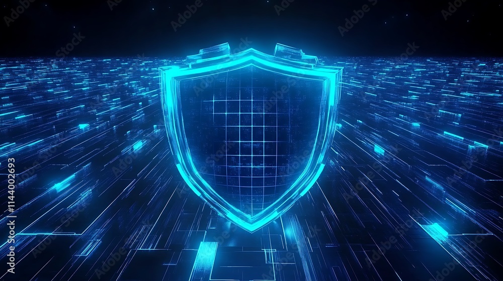 Blue Neon Shield Icon in Digital Space Representing Cybersecurity and Protection Concepts Blue Neon Shield Icon in Digital Space Representing Cybersecurity and Protection Concepts