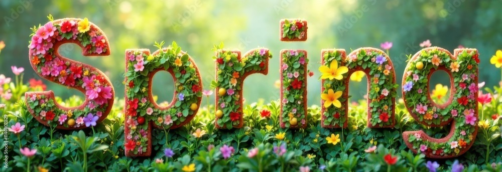 Fototapeta premium the word spring with a colorful image of nature inside the letters on a green background, the concept of the revival of nature, spring, spring mood