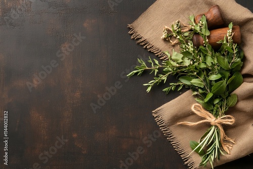 Fresh herbs arranged on a rustic surface with wooden utensils for cooking and garnishing dishes photo