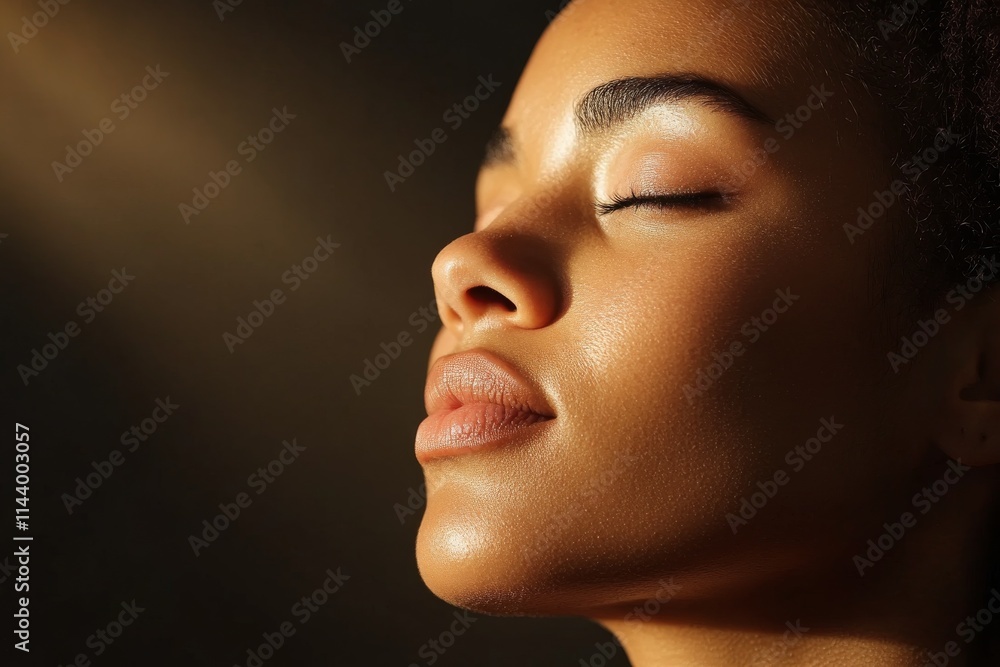 Woman enjoying sunlight with eyes closed, showcasing natural beauty and peaceful expression Woman enjoying sunlight with eyes closed, showcasing natural beauty and peaceful expression