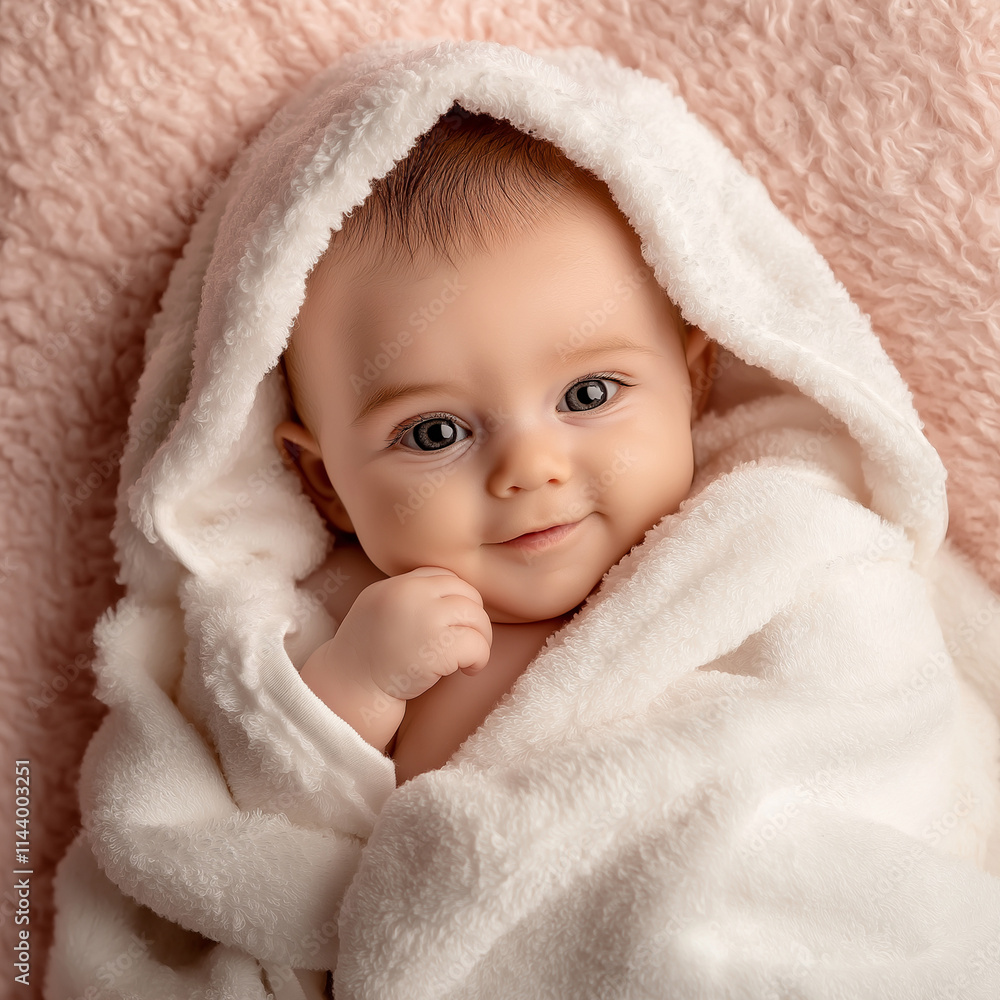 Bezauberndes Neugeborenenportrait: Baby sanft in weiches Badetuch gewickelt. Professionelle Studiofotografie mit warmem, natürlichem Licht Bezauberndes Neugeborenenportrait: Baby sanft in weiches Badetuch gewickelt. Professionelle Studiofotografie mit warmem, natürlichem Licht