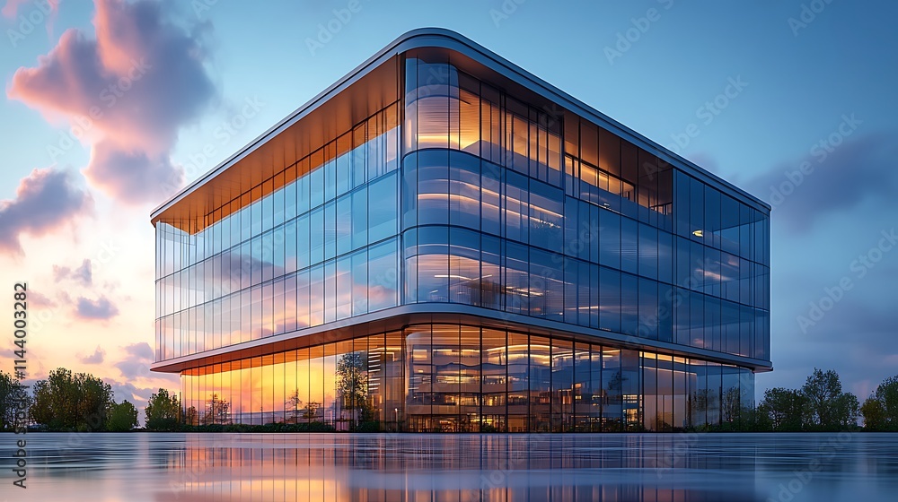 Modern glass office building glowing at dusk with stunning water reflections Modern glass office building glowing at dusk with stunning water reflections