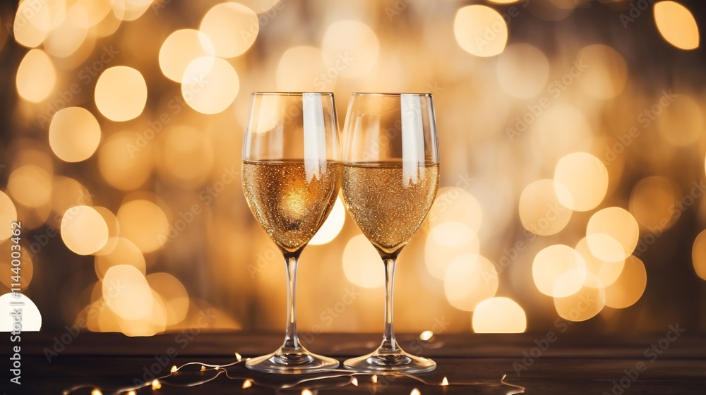Clinking champagne glasses in a celebratory toast with a soft romantic backdrop of heart shaped bokeh lights creating an elegant and intimate atmosphere perfect for anniversary engagement Clinking champagne glasses in a celebratory toast with a soft romantic backdrop of heart shaped bokeh lights creating an elegant and intimate atmosphere perfect for anniversary engagement