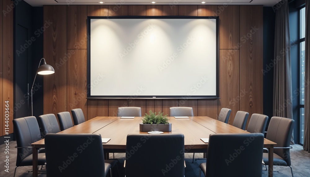 Modern conference room setup with large table and projection screen
Modern conference room setup with large table and projection screen