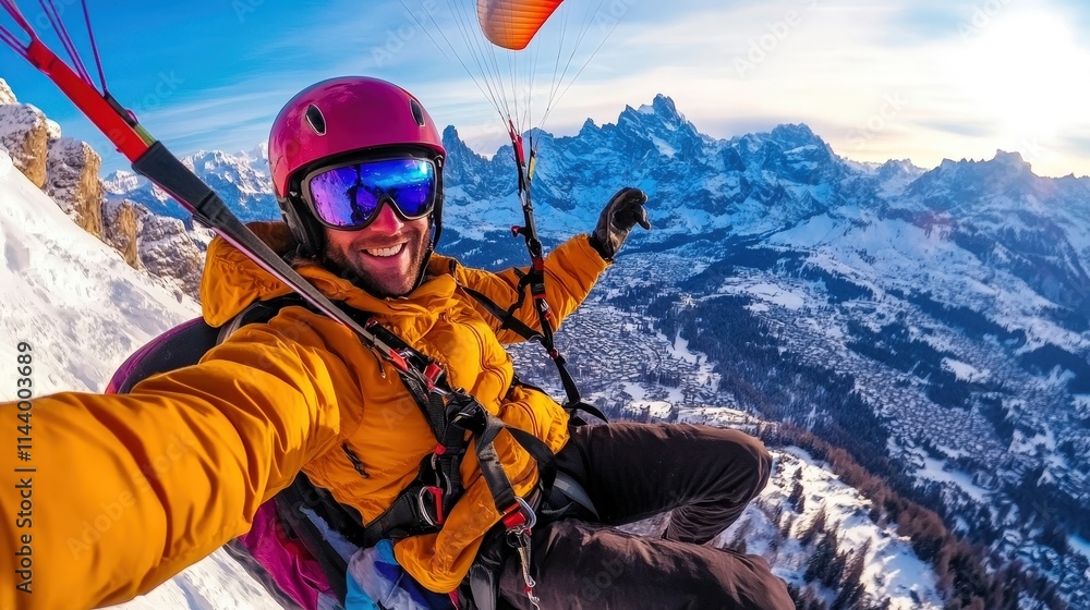 An exhilarating shot of a smiling paragliding enthusiast soaring gracefully above majestic snow-covered mountains during a clear, vibrant sunset, showcasing adventure and beauty. An exhilarating shot of a smiling paragliding enthusiast soaring gracefully above majestic snow-covered mountains during a clear, vibrant sunset, showcasing adventure and beauty.