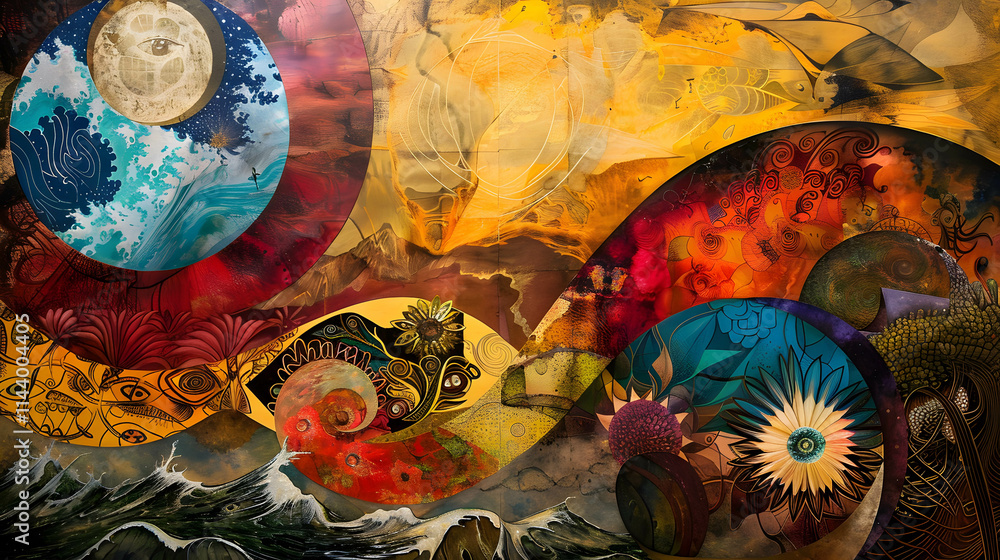 Fototapeta premium Abstract Healing Landscape with Waves and Celestial Elements..