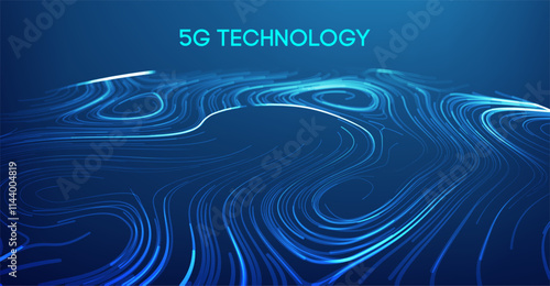 Futuristic 5G technology background with glowing blue digital wave lines on a dark gradient backdrop. Abstract high speed network visualization, data flow, and wireless communication concept.