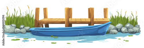 Blue boat is sitting in the water next to a dock