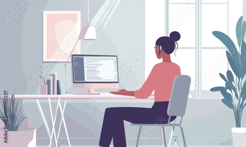 Woman is sitting at a desk with a computer monitor and keyboard