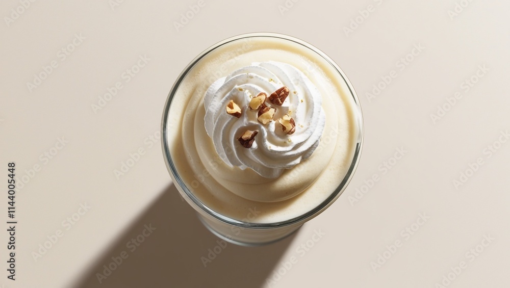 Decadent glass of milkshake adorned with whipped cream and nuts Decadent glass of milkshake adorned with whipped cream and nuts