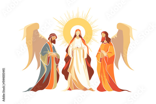 Three angels are standing in front of a woman