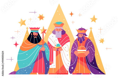 Three men dressed in robes holding a large plate