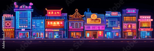 City street with neon signs and buildings