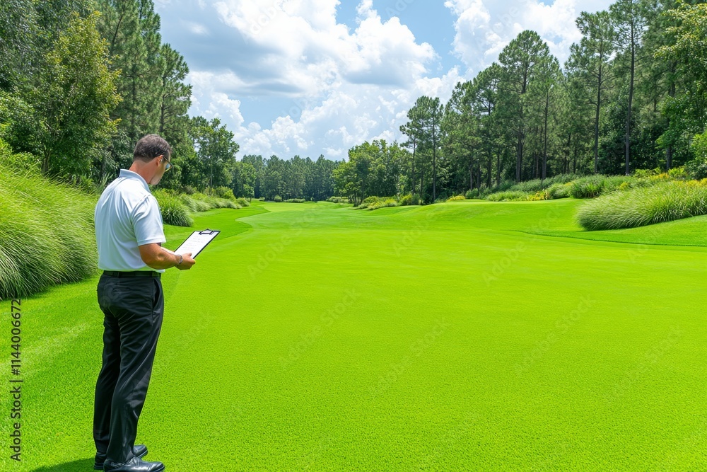 A tournament official checking scores on a clipboard at a professional golf event. Generative AI