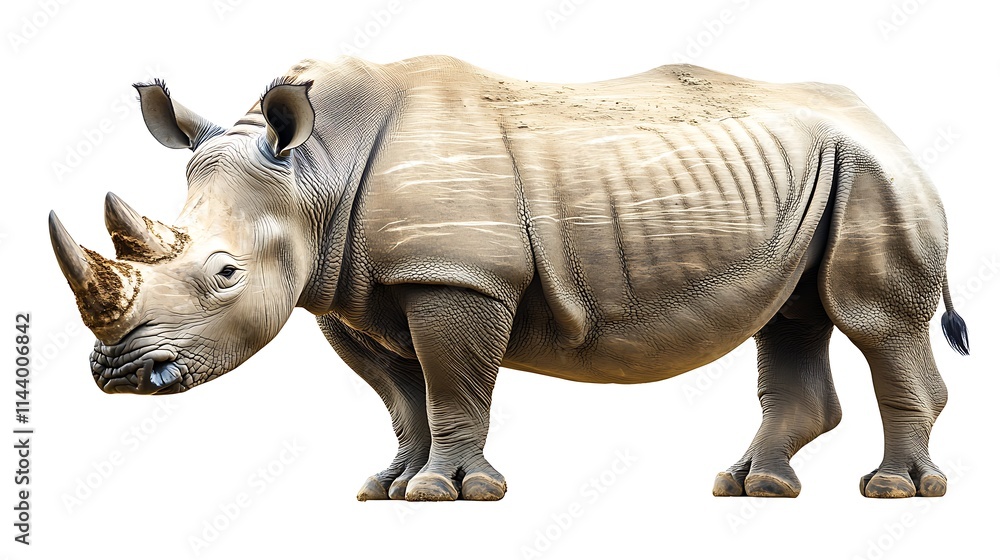 Fototapeta premium Strong Rhino Closeup Photo Standing Calmly Isolated on White Background. AI Generated