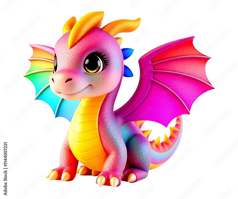 Fototapeta premium Charming 3D Rainbow Dragon with Playful Expression and Shimmering Scales