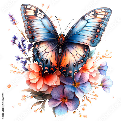 Watercolor butterfly with flower bouquet