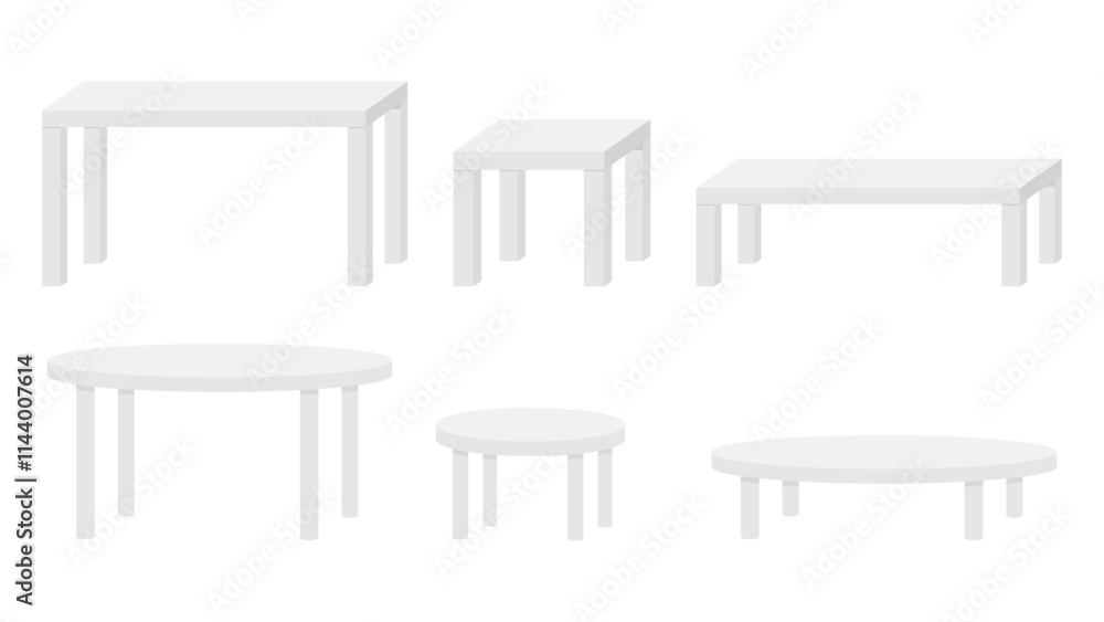 Set of six white tables, including rectangular, square, and round shapes, displayed in varying sizes Set of six white tables, including rectangular, square, and round shapes, displayed in varying sizes