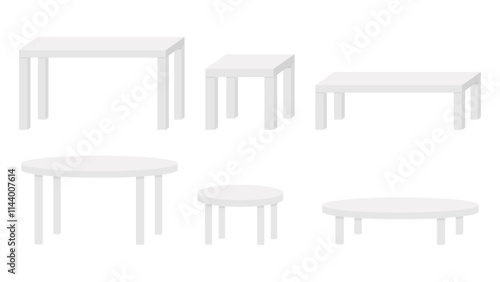 Set of six white tables, including rectangular, square, and round shapes, displayed in varying sizes