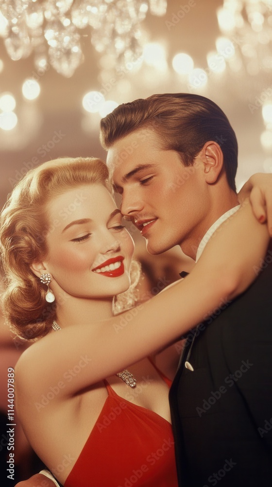 Elegant 1950s Couple Dancing at a Glamorous Party, Radiating Romance and Charm with Glowing Chandelier Background and Vintage Fashion Styles Elegant 1950s Couple Dancing at a Glamorous Party, Radiating Romance and Charm with Glowing Chandelier Background and Vintage Fashion Styles