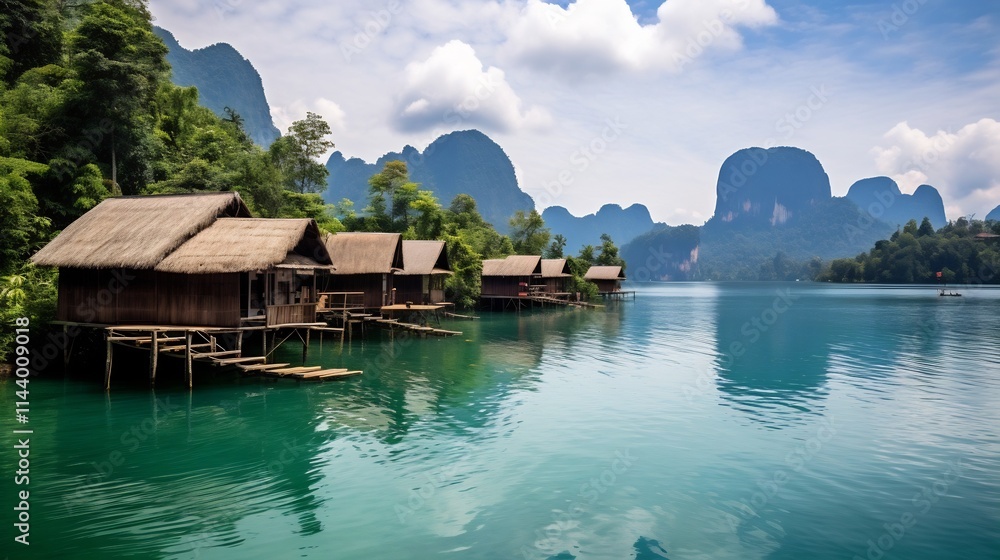 Fototapeta premium Tranquil scene of picturesque floating bungalows gently drifting on the calm reflective waters of Cheow Lan Lake in the heart of Thailand s Khao Sok National Park