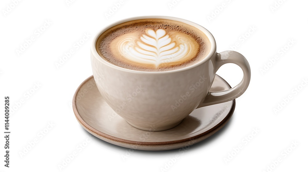Aromatic Latte Art: Indulge in the creamy texture and delightful leaf design of this perfectly crafted latte, served in an elegant beige cup and saucer. Aromatic Latte Art: Indulge in the creamy texture and delightful leaf design of this perfectly crafted latte, served in an elegant beige cup and saucer.