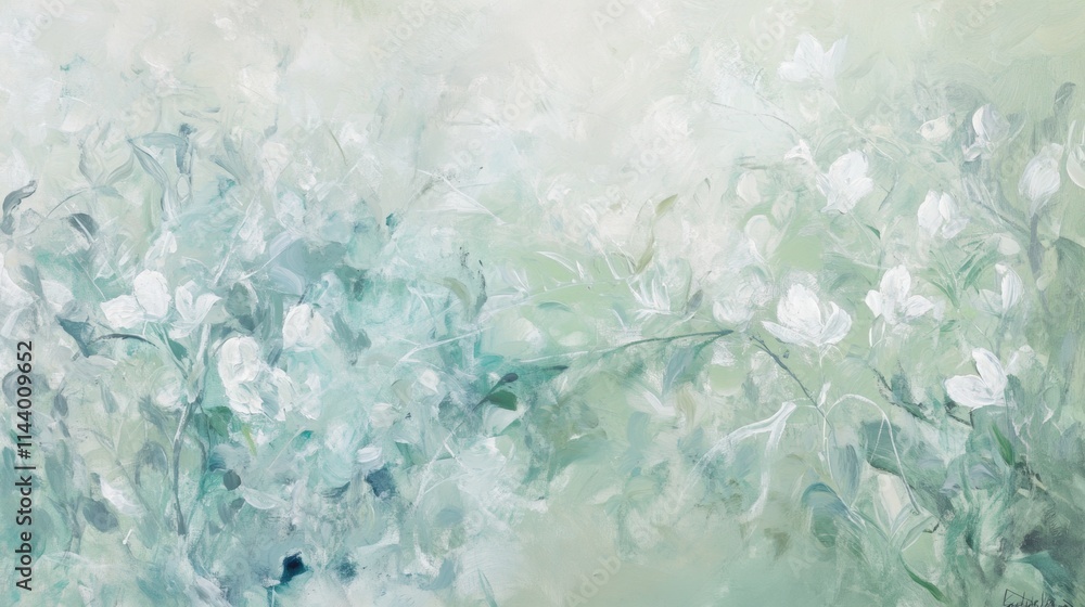 Obraz premium Delicate swirls of pale mint, soft teal, and light jade hues envelop serene meadow grasses, evoking the tranquility of a cool breeze and the peaceful calm of nature's embrace