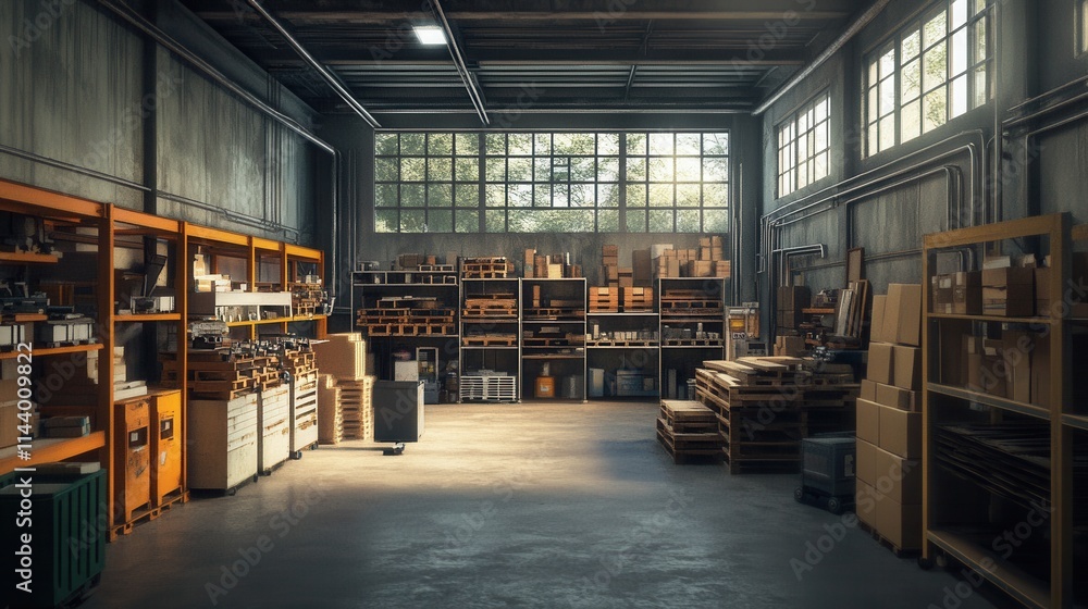 A spacious warehouse filled with stacked pallets, boxes, and shelves. Ideal for illustrating storage, logistics, or industry concepts. A spacious warehouse filled with stacked pallets, boxes, and shelves. Ideal for illustrating storage, logistics, or industry concepts.