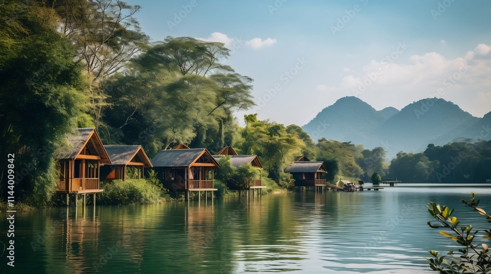 Naklejka premium Serene Floating Houses Nestled in Khao Laem National Park a Tranquil Lakeside Oasis in the Heart of Thailand s Lush Wilderness