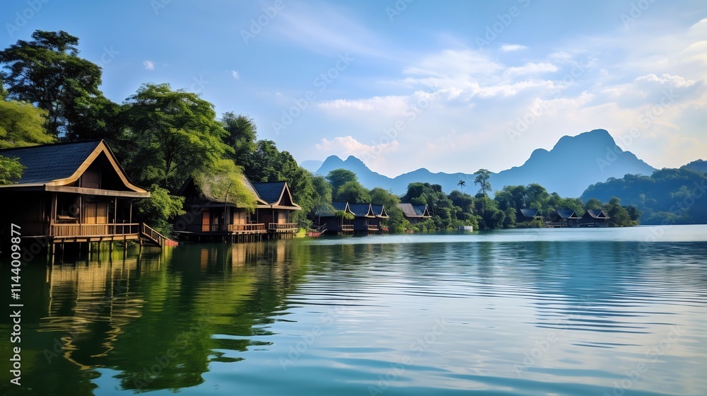 Fototapeta premium Serene Floating Houses Nestled in Khao Laem National Park s Tranquil Lake Landscape A Picturesque Scene of Calm Waters Lush Greenery and Idyllic Retreat