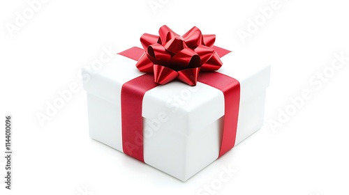 Gift mockup brightly wrapped with red bow on clean white backdrop wide shot photo. AI Generated