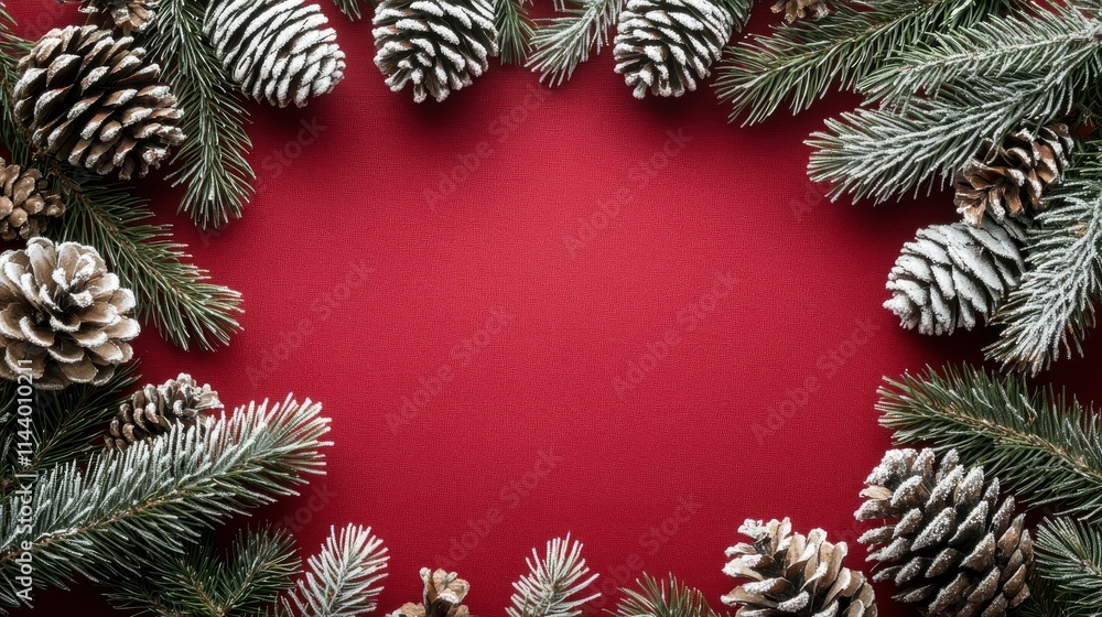 Festive Christmas Border of Pine Branches and Pinecones on Red Background Festive Christmas Border of Pine Branches and Pinecones on Red Background