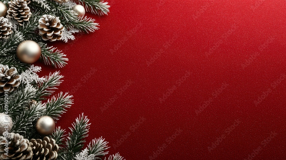 Festive Christmas Border with Silver Ornaments and Pine Branches on Red Background Festive Christmas Border with Silver Ornaments and Pine Branches on Red Background