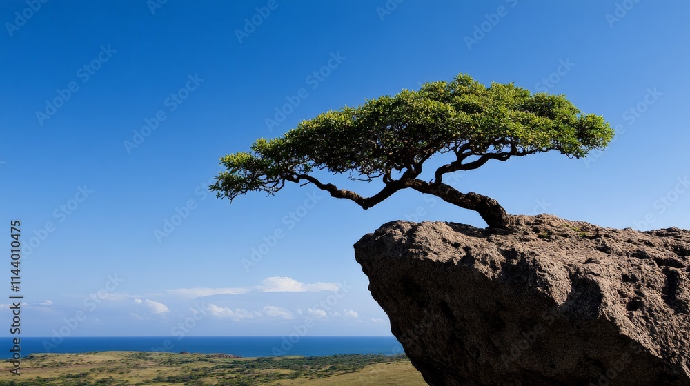 Resilience on the Cliffside: A lone, resilient tree clings to a dramatic cliff edge, overlooking a breathtaking ocean vista under a vibrant blue sky. The image evokes themes of perseverance. Resilience on the Cliffside: A lone, resilient tree clings to a dramatic cliff edge, overlooking a breathtaking ocean vista under a vibrant blue sky. The image evokes themes of perseverance.