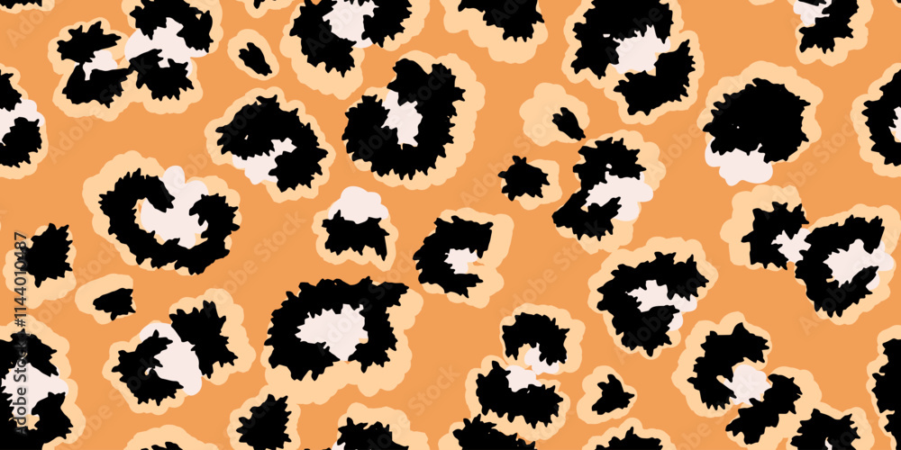 Obraz premium Bright leopard-inspired seamless pattern with bold spots outlined on a rich orange background. Unique abstract animal print ornament for fashion design, modern decor, and artistic branding projects.