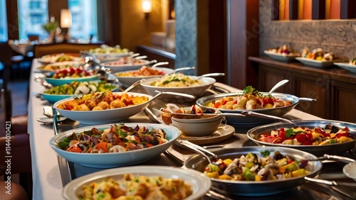 Elegant buffet spread in a restaurant, rows of dishes with vibrant colors, warm indoor lighting, 