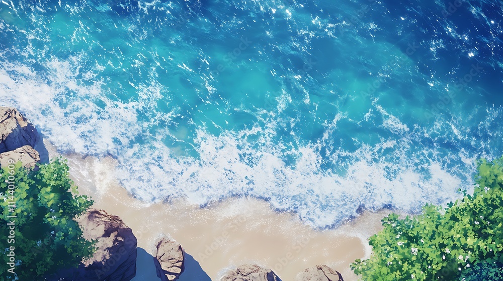 Vibrant Coastal Scene: Aerial View of Turquoise Ocean Waves Crashing on a Sandy Beach. AI Generated Vibrant Coastal Scene: Aerial View of Turquoise Ocean Waves Crashing on a Sandy Beach. AI Generated